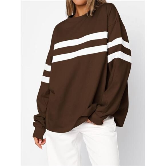 Womens Fall Fashion Striped Oversized Sweatshirt - Crewneck Long Sleeve Casual - Picture 3 of 7